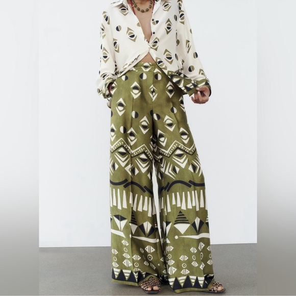 ZARA 2 PIECES MATCHING SET GEOMETRIC PRINT SATIN EFFECT SHIRT AND WIDE LEG PANTS - Picture 4 of 16